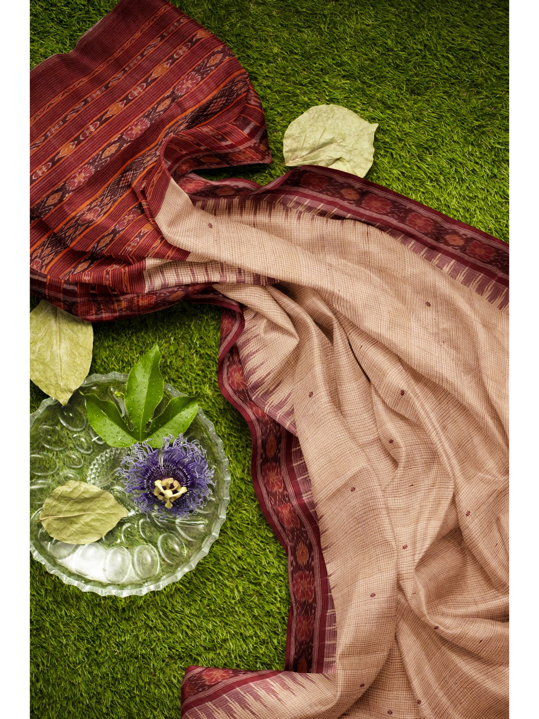 Beige checkered body Tussar Silk Odisha Ikat Saree with cotton ikat blouse piece