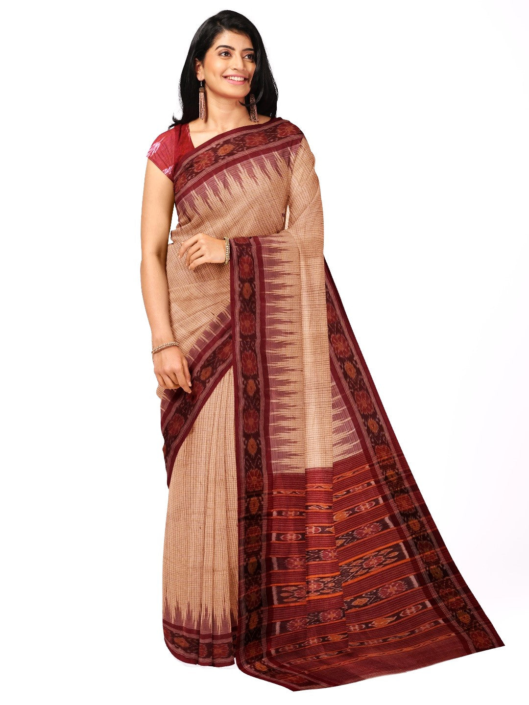 Beige checkered body Tussar Silk Odisha Ikat Saree with cotton ikat blouse piece