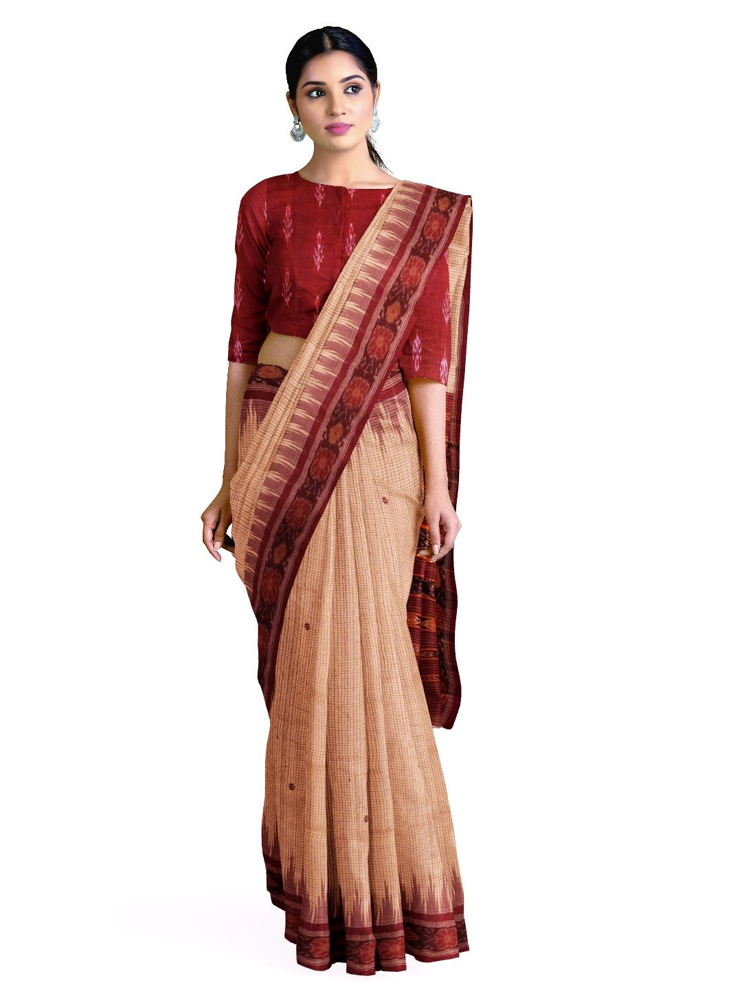 Beige checkered body Tussar Silk Odisha Ikat Saree with cotton ikat blouse piece