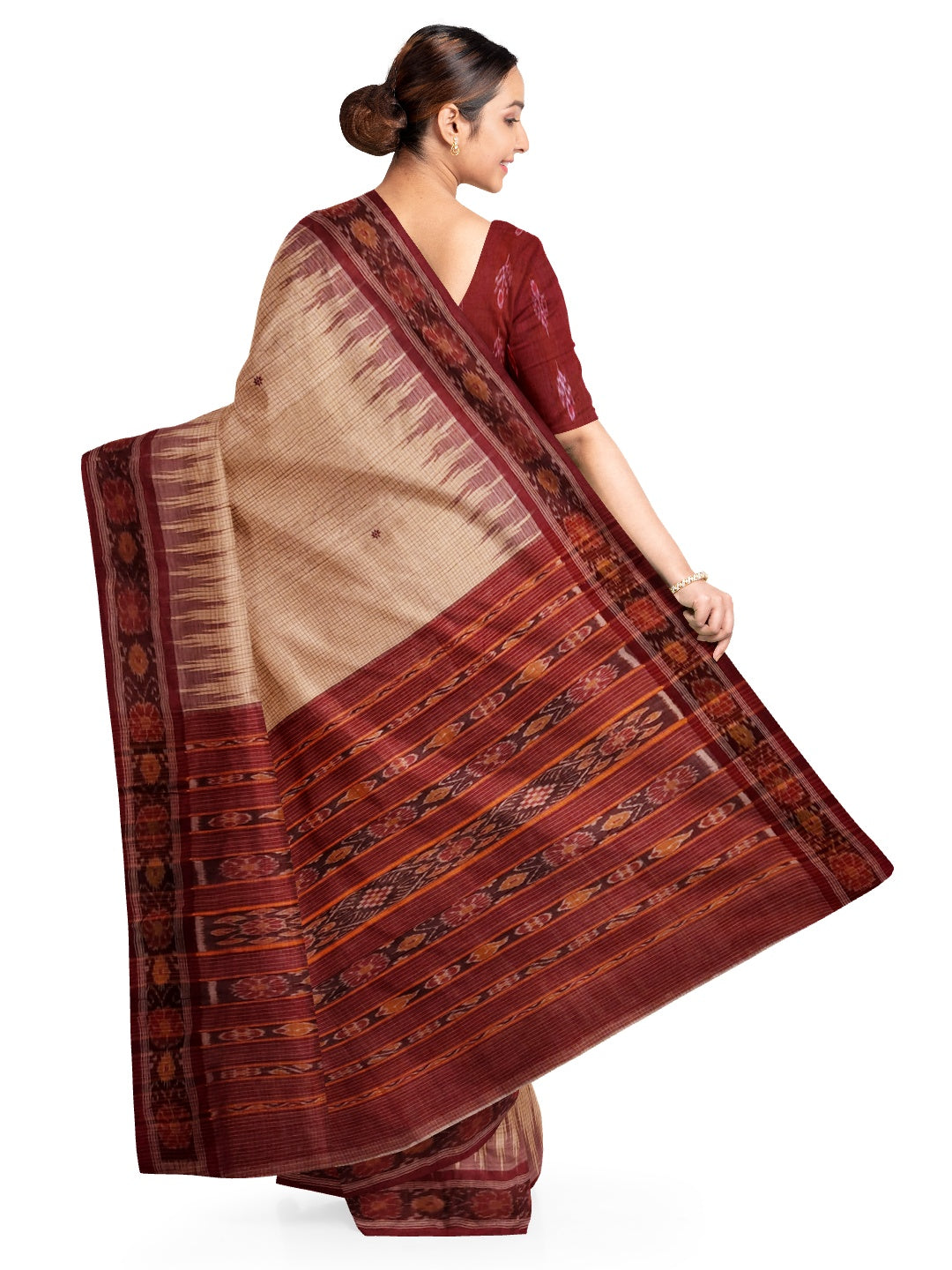 Beige checkered body Tussar Silk Odisha Ikat Saree with cotton ikat blouse piece