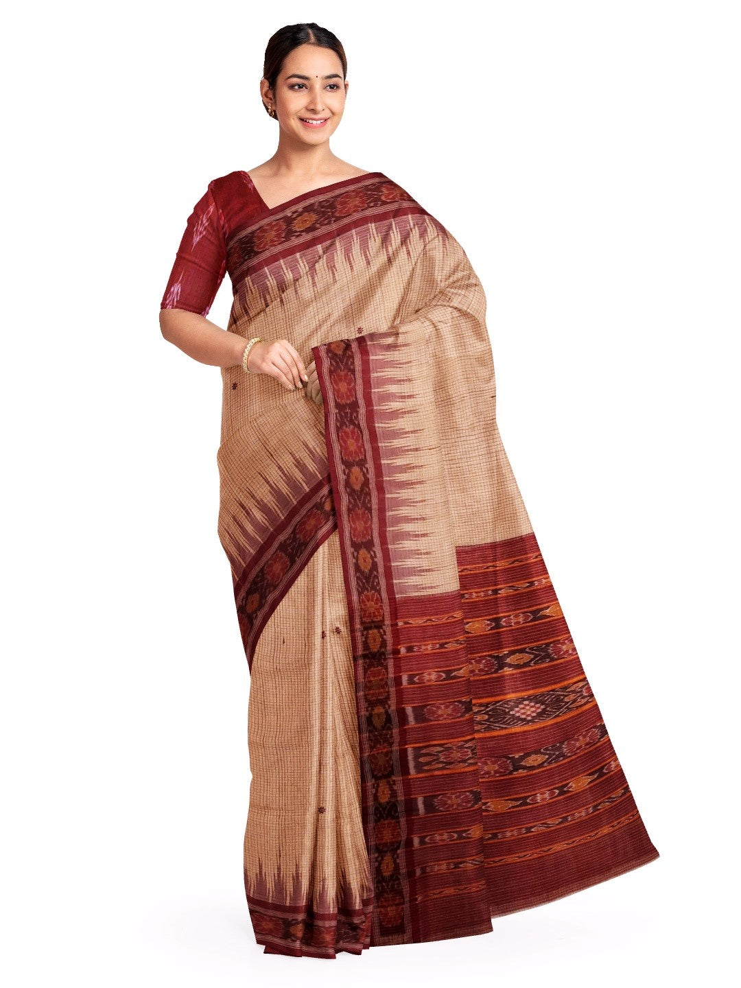 Beige checkered body Tussar Silk Odisha Ikat Saree with cotton ikat blouse piece