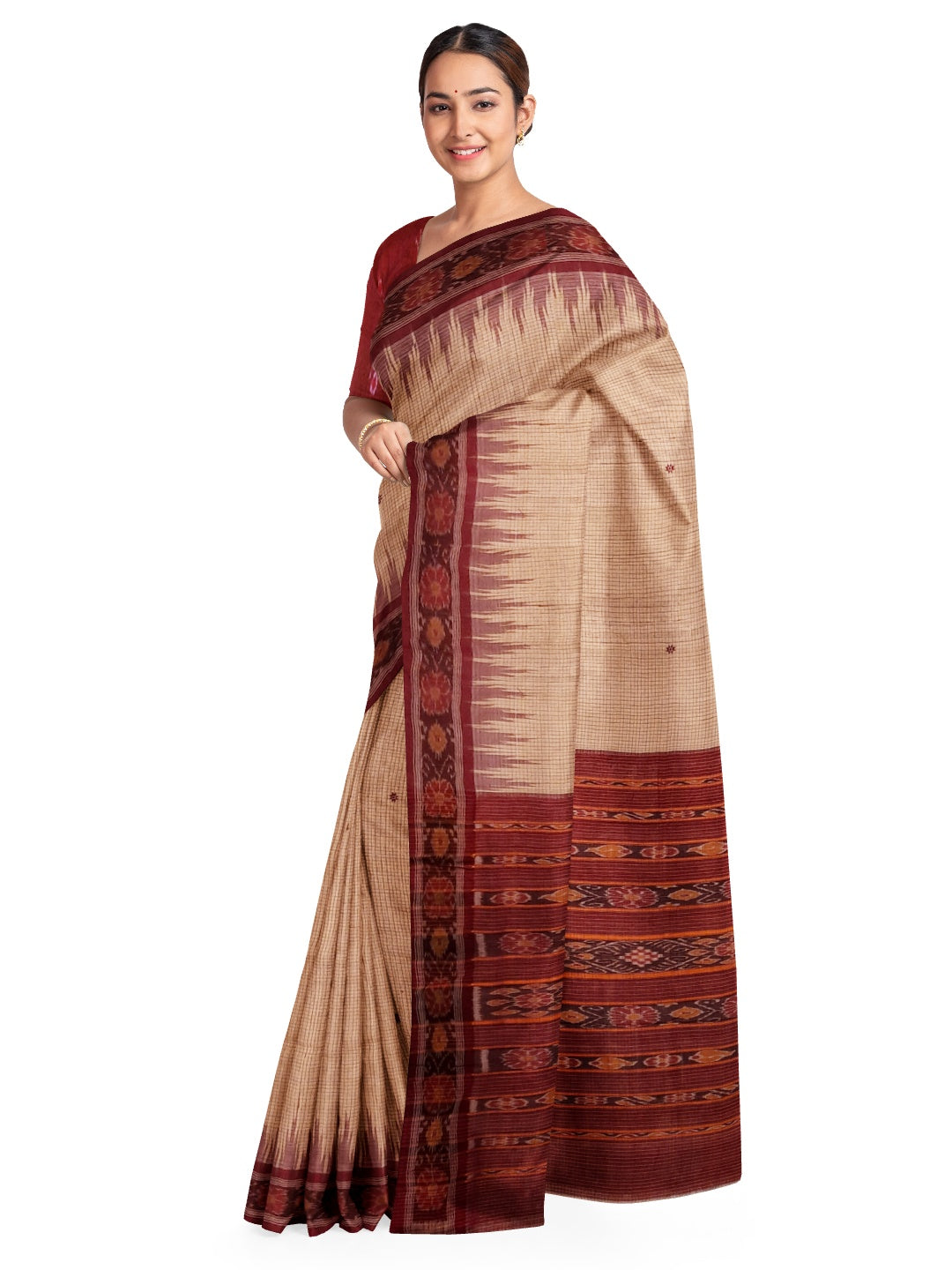 Beige checkered body Tussar Silk Odisha Ikat Saree with cotton ikat blouse piece
