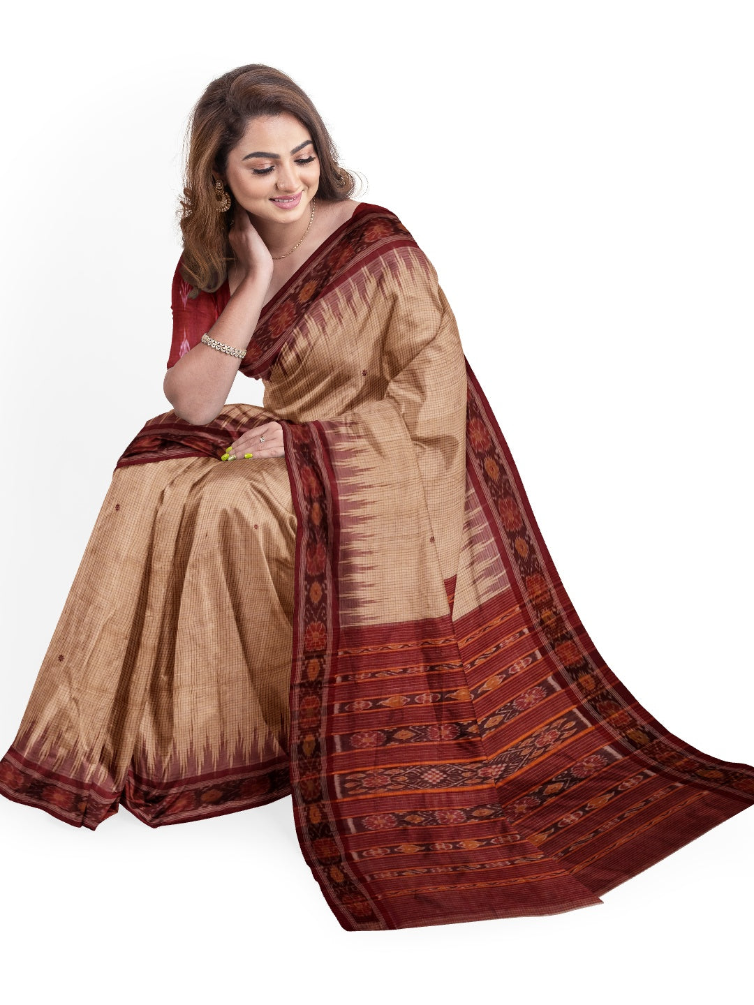 Beige checkered body Tussar Silk Odisha Ikat Saree with cotton ikat blouse piece