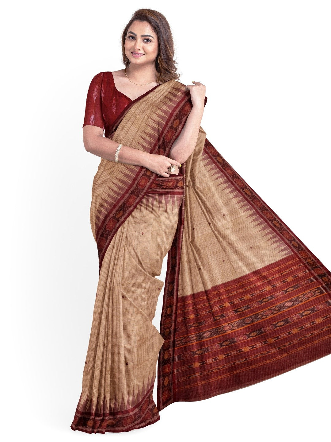 Beige checkered body Tussar Silk Odisha Ikat Saree with cotton ikat blouse piece