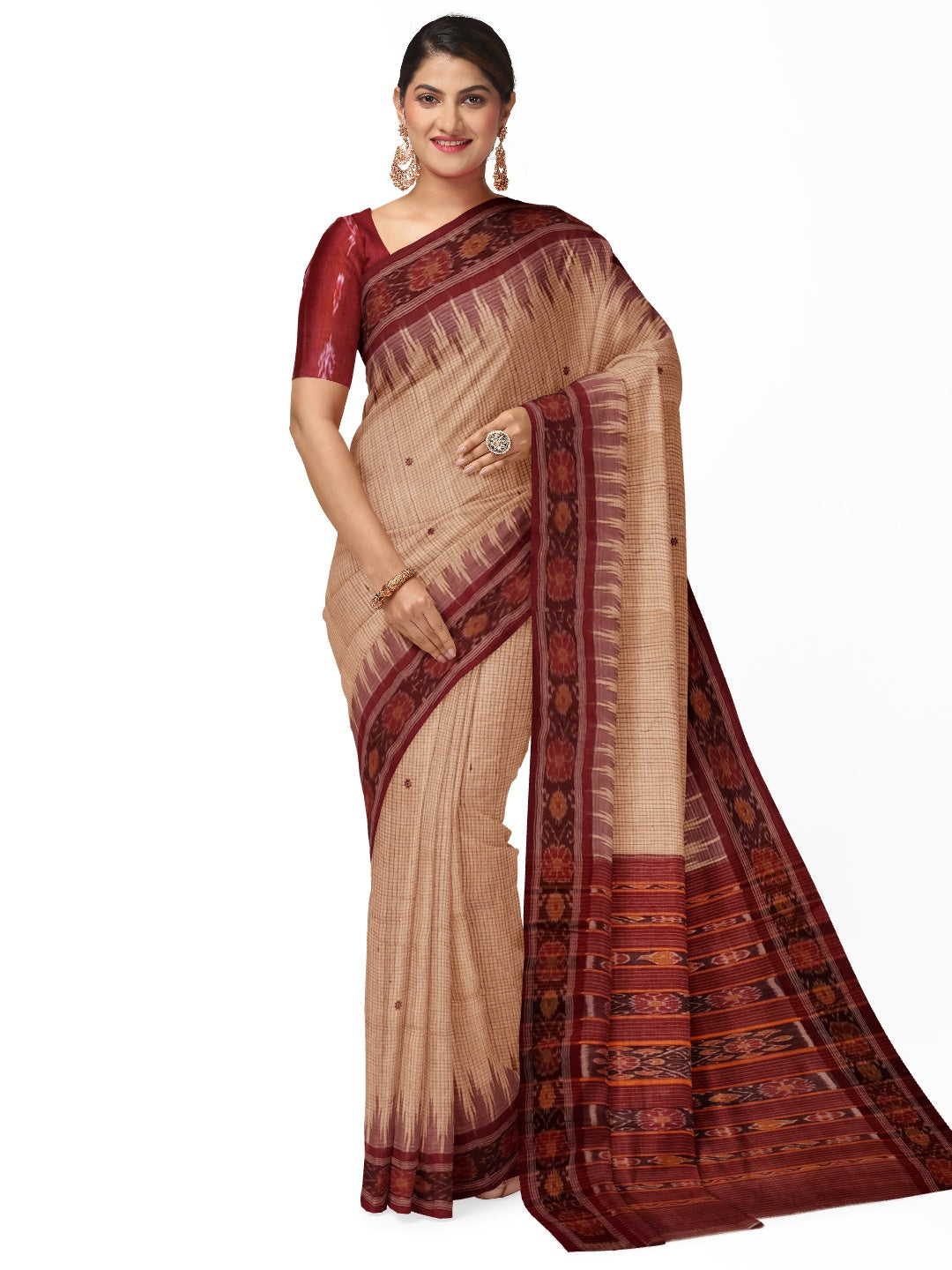Beige checkered body Tussar Silk Odisha Ikat Saree with cotton ikat blouse piece