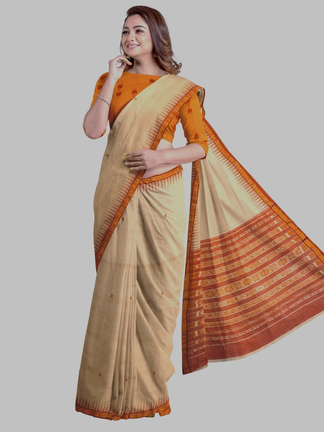 Beige Tussar Silk Odisha Ikat Saree with cotton ikat blouse piece