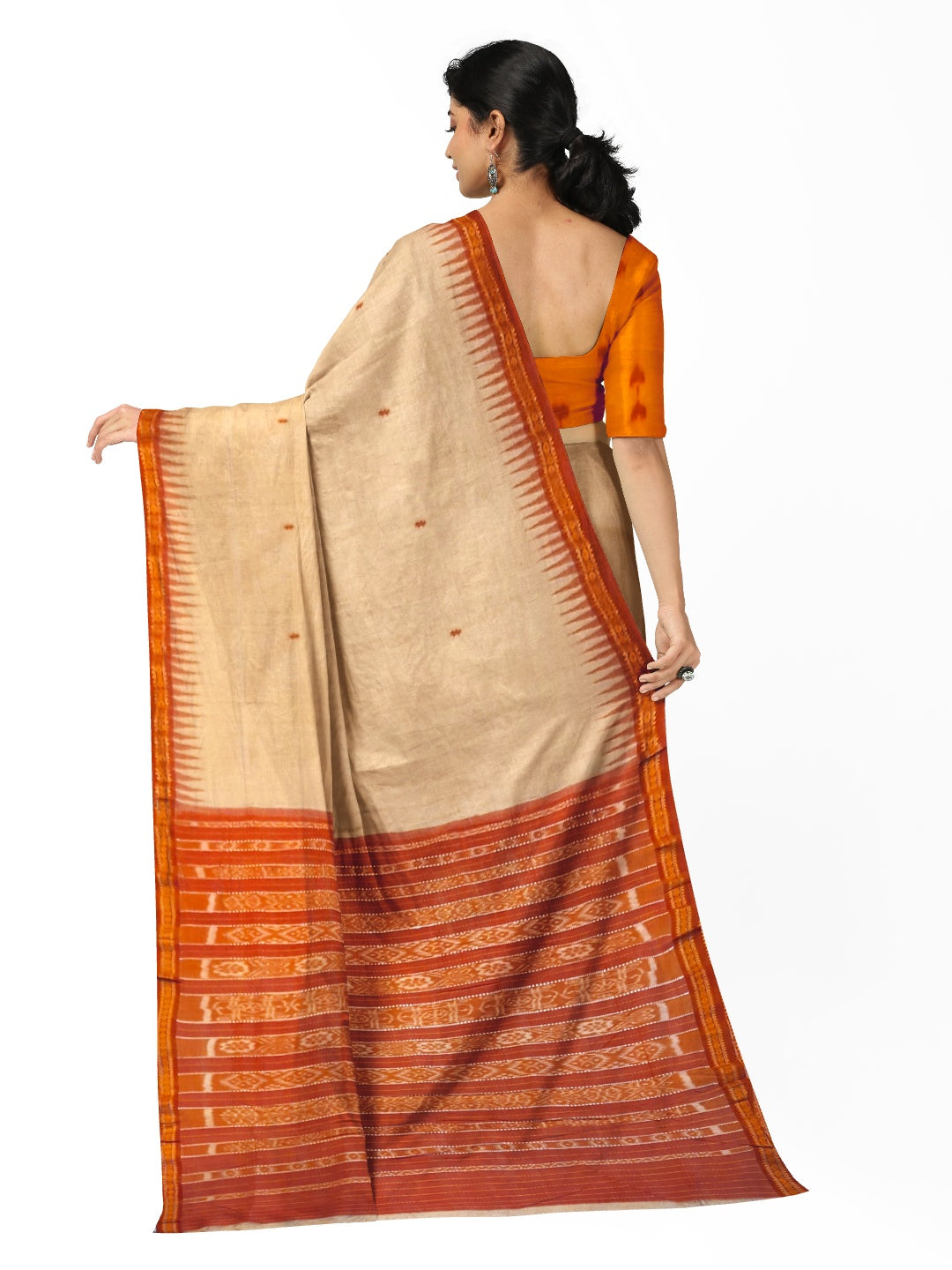 Beige Tussar Silk Odisha Ikat Saree with cotton ikat blouse piece
