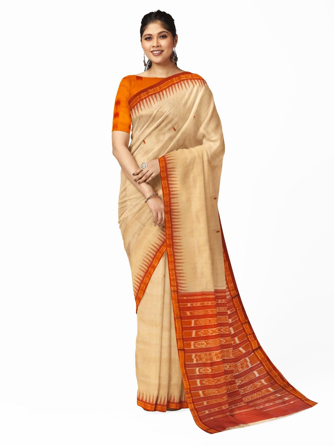 Beige Tussar Silk Odisha Ikat Saree with cotton ikat blouse piece