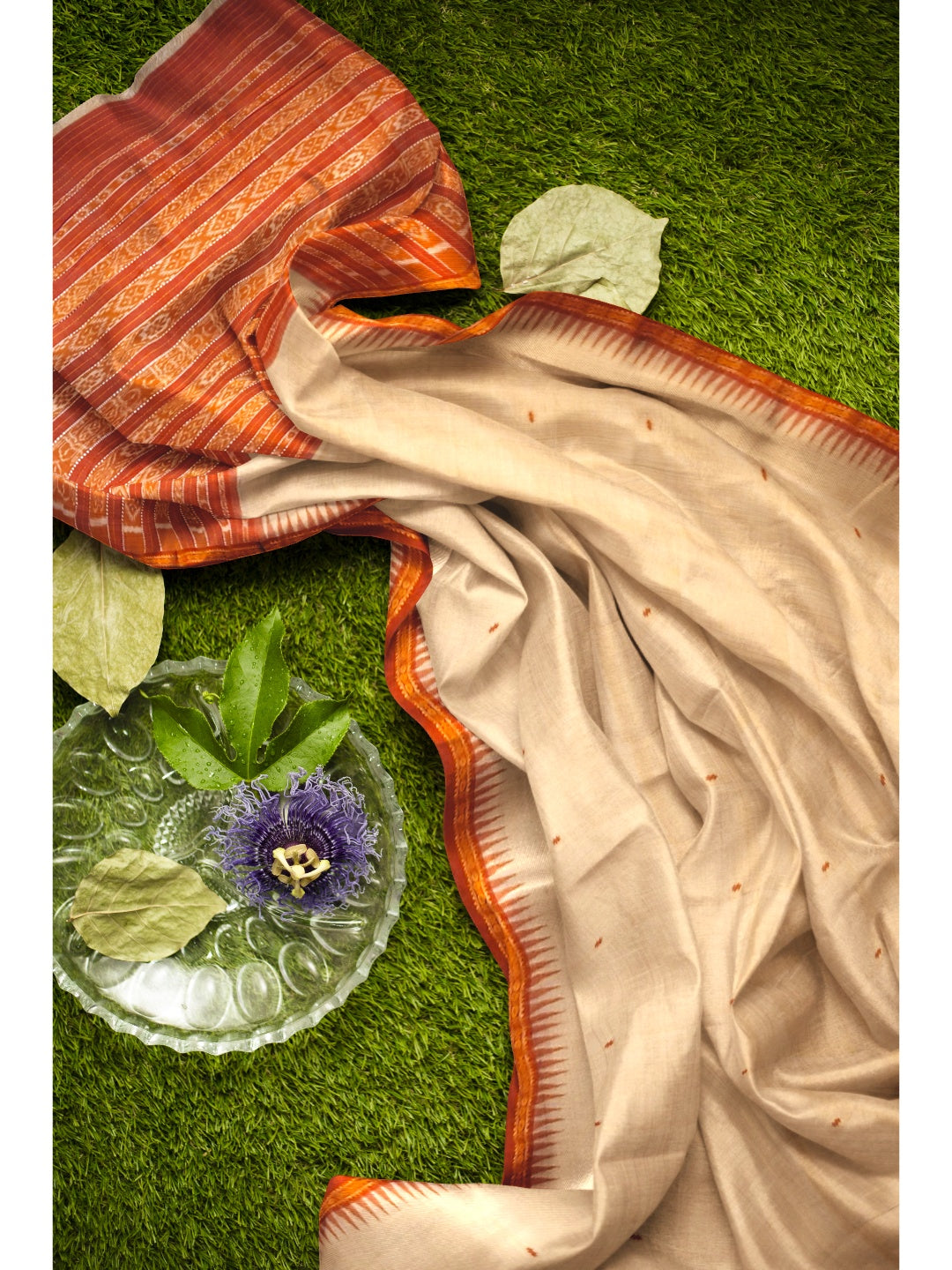 Beige Tussar Silk Odisha Ikat Saree with cotton ikat blouse piece