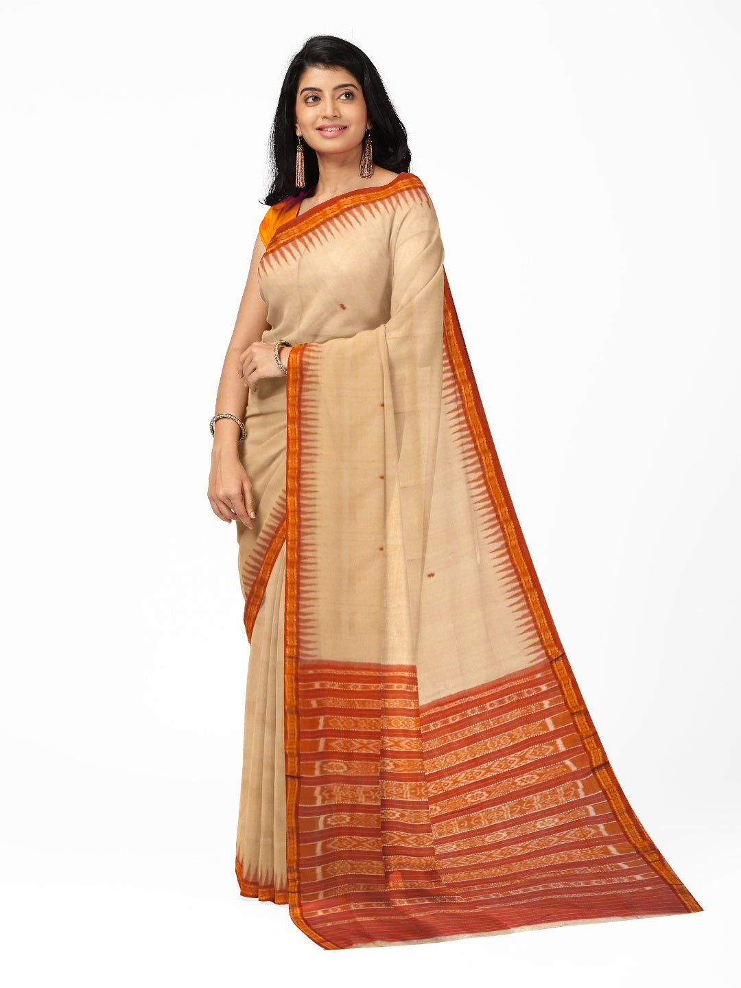 Beige Tussar Silk Odisha Ikat Saree with cotton ikat blouse piece