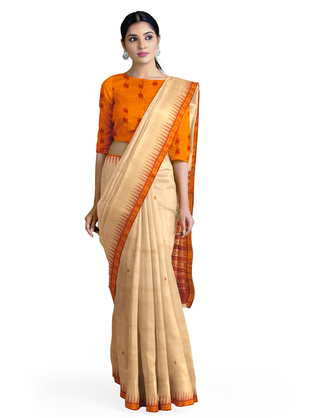 Beige Tussar Silk Odisha Ikat Saree with cotton ikat blouse piece