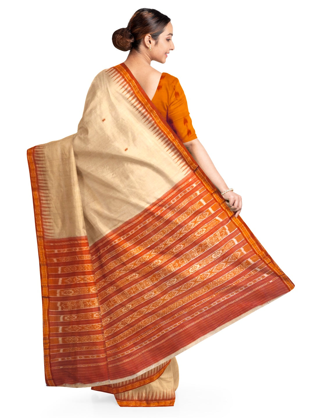 Beige Tussar Silk Odisha Ikat Saree with cotton ikat blouse piece