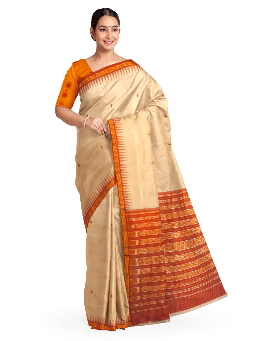 Beige Tussar Silk Odisha Ikat Saree with cotton ikat blouse piece