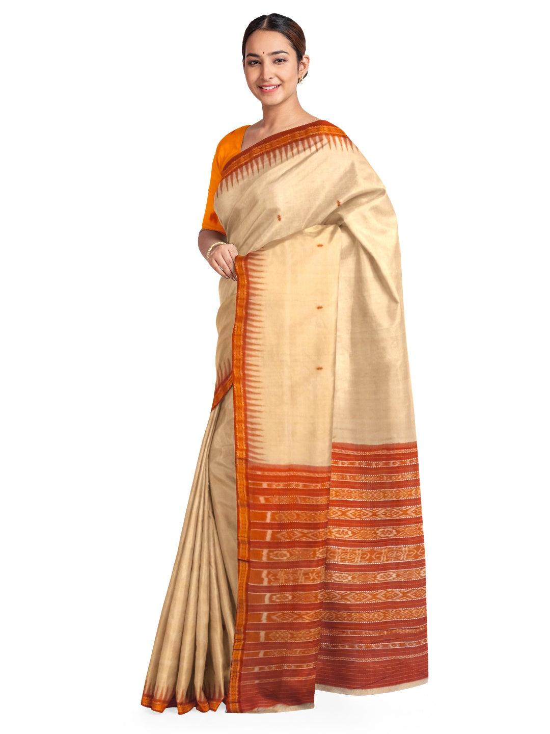 Beige Tussar Silk Odisha Ikat Saree with cotton ikat blouse piece
