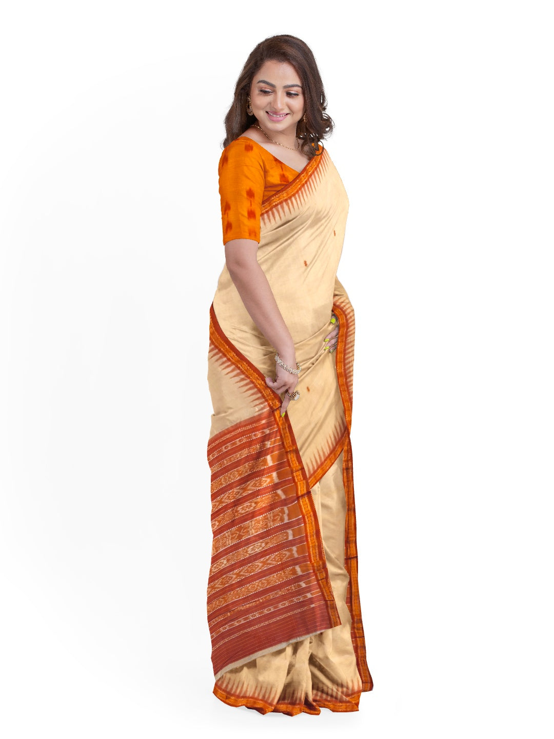 Beige Tussar Silk Odisha Ikat Saree with cotton ikat blouse piece