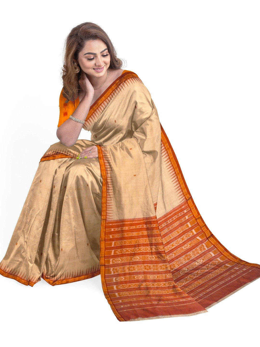 Beige Tussar Silk Odisha Ikat Saree with cotton ikat blouse piece