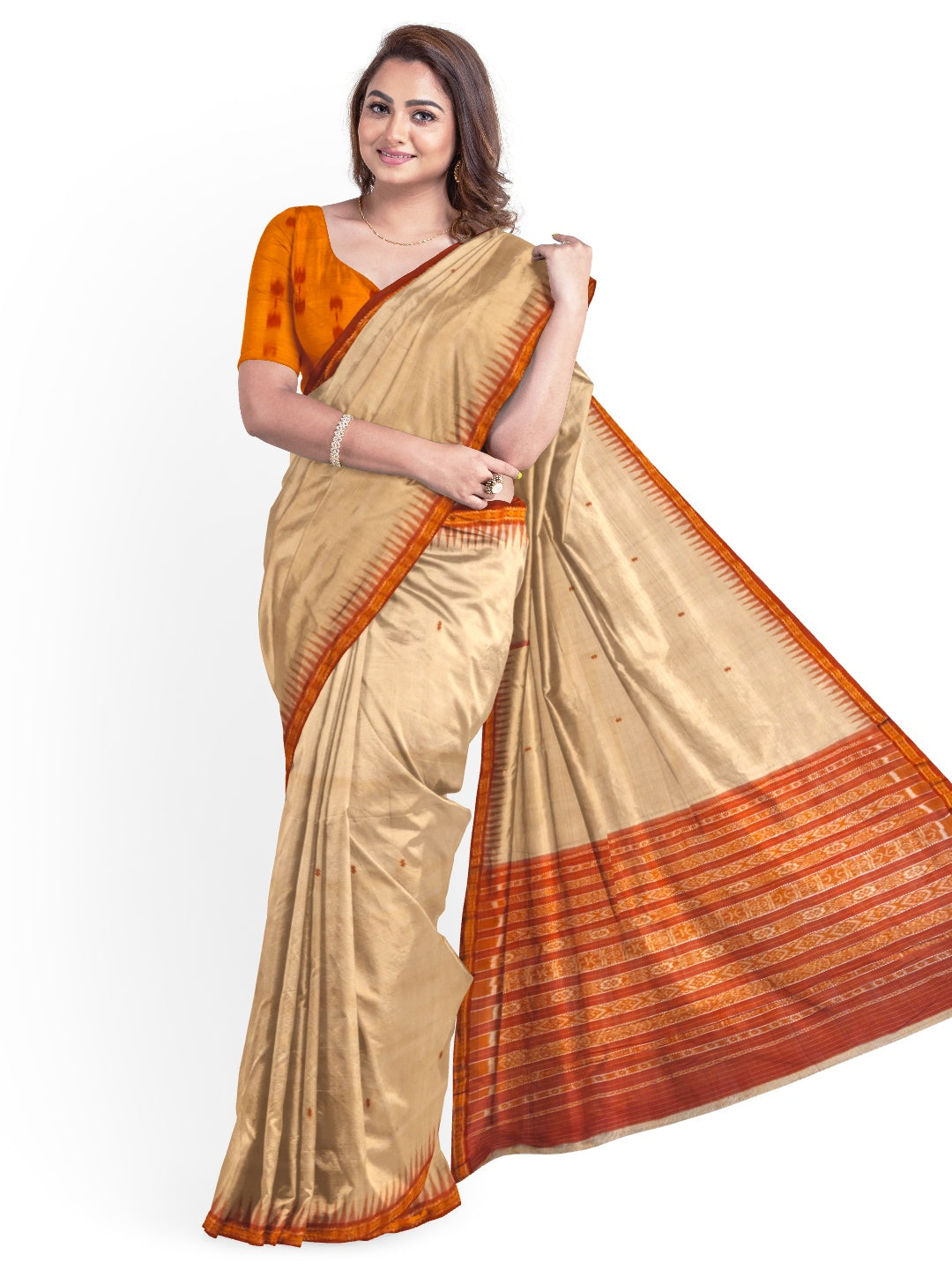 Beige Tussar Silk Odisha Ikat Saree with cotton ikat blouse piece