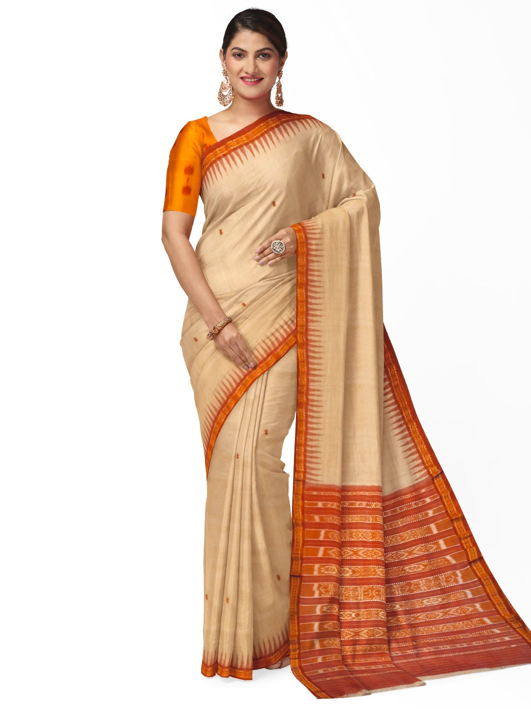 Beige Tussar Silk Odisha Ikat Saree with cotton ikat blouse piece
