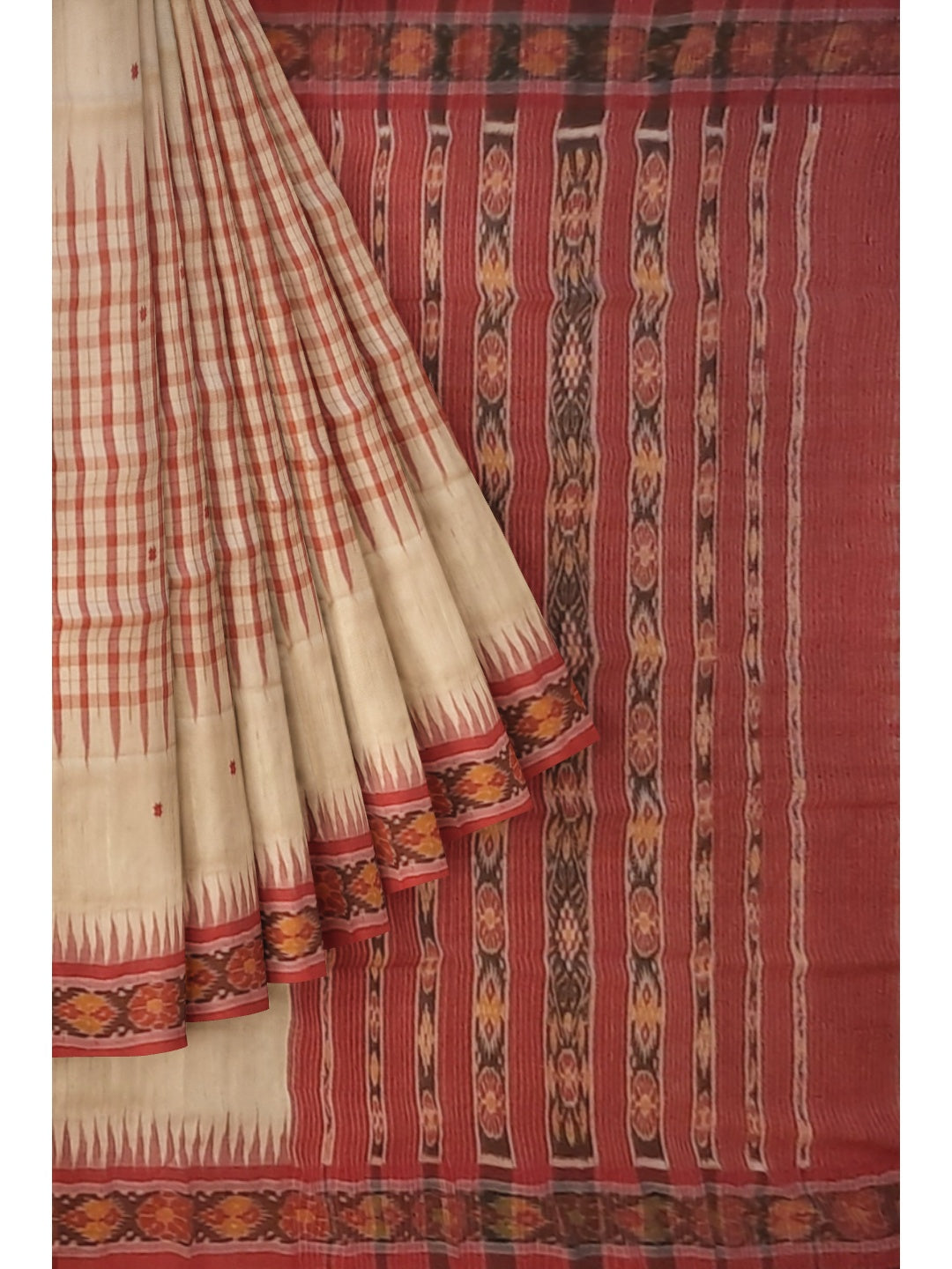 Beige Tussar Silk Odisha Ikat Saree with cotton ikat blouse piece