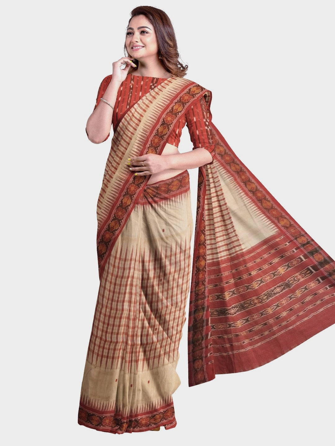Beige Tussar Silk Odisha Ikat Saree with cotton ikat blouse piece