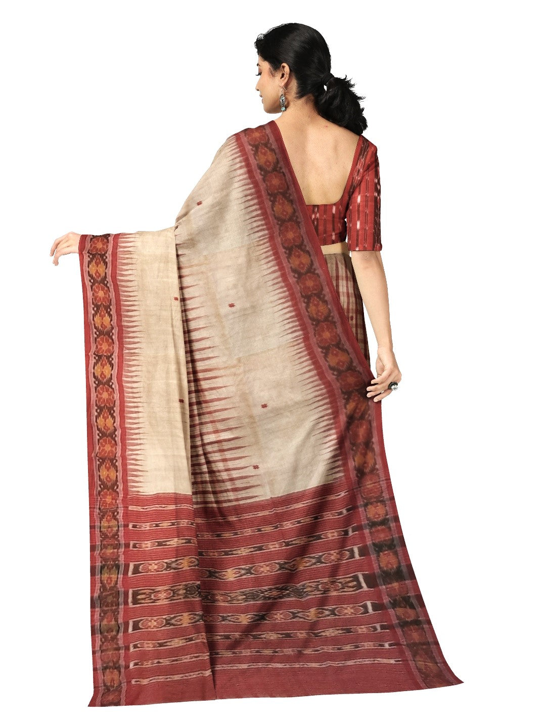 Beige Tussar Silk Odisha Ikat Saree with cotton ikat blouse piece