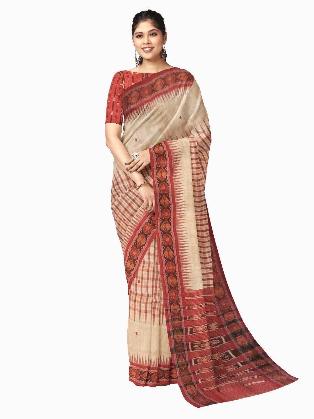 Beige Tussar Silk Odisha Ikat Saree with cotton ikat blouse piece