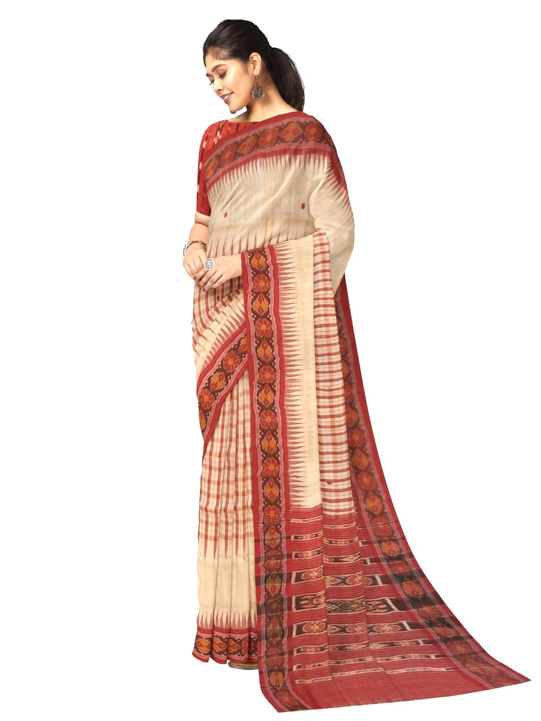 Beige Tussar Silk Odisha Ikat Saree with cotton ikat blouse piece