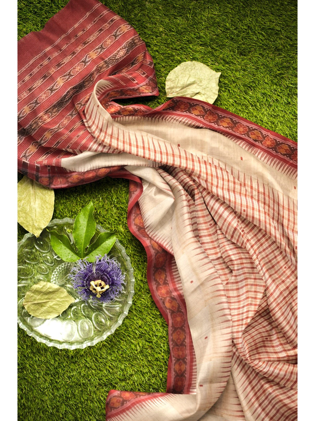 Beige Tussar Silk Odisha Ikat Saree with cotton ikat blouse piece