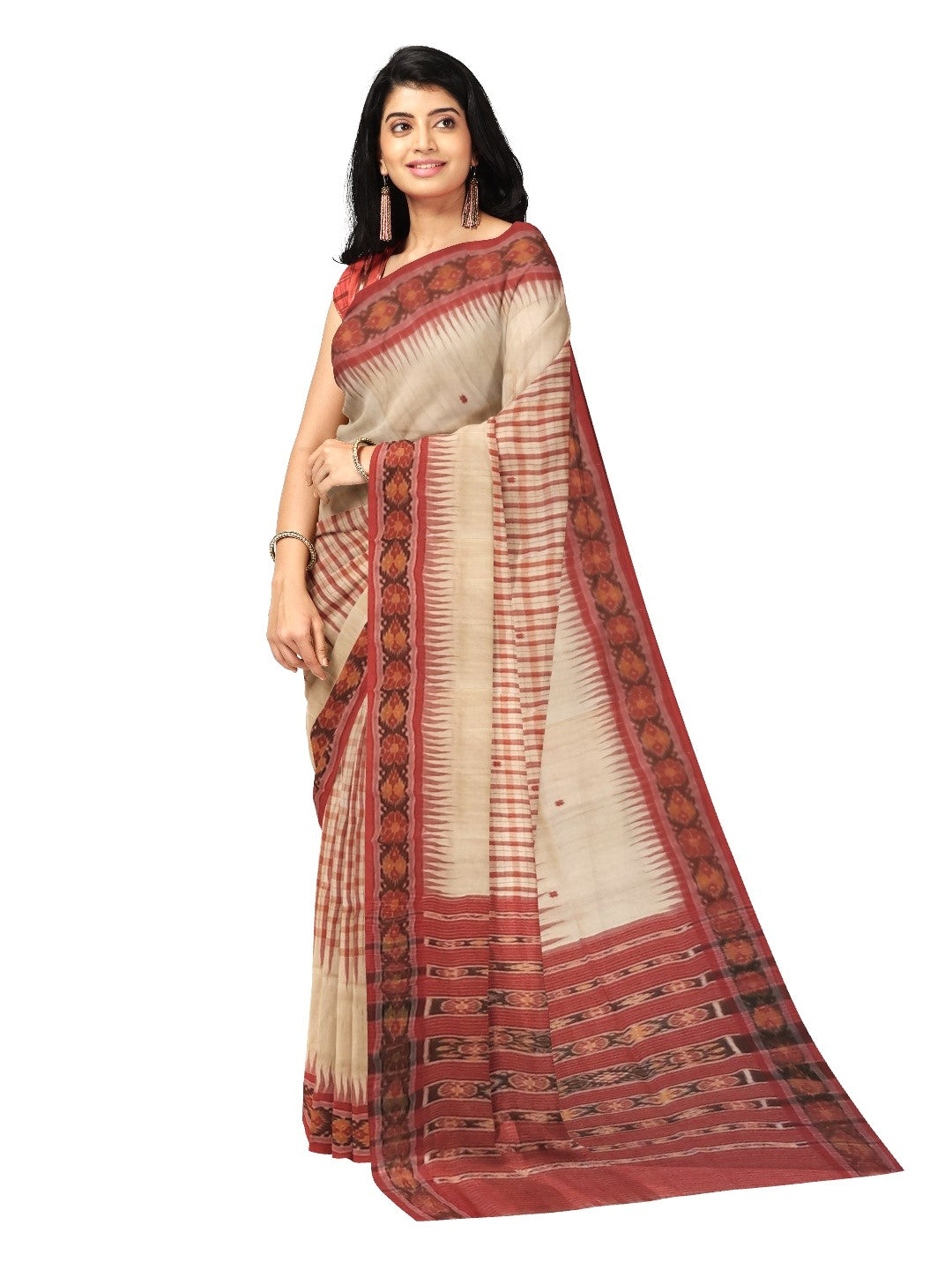 Beige Tussar Silk Odisha Ikat Saree with cotton ikat blouse piece