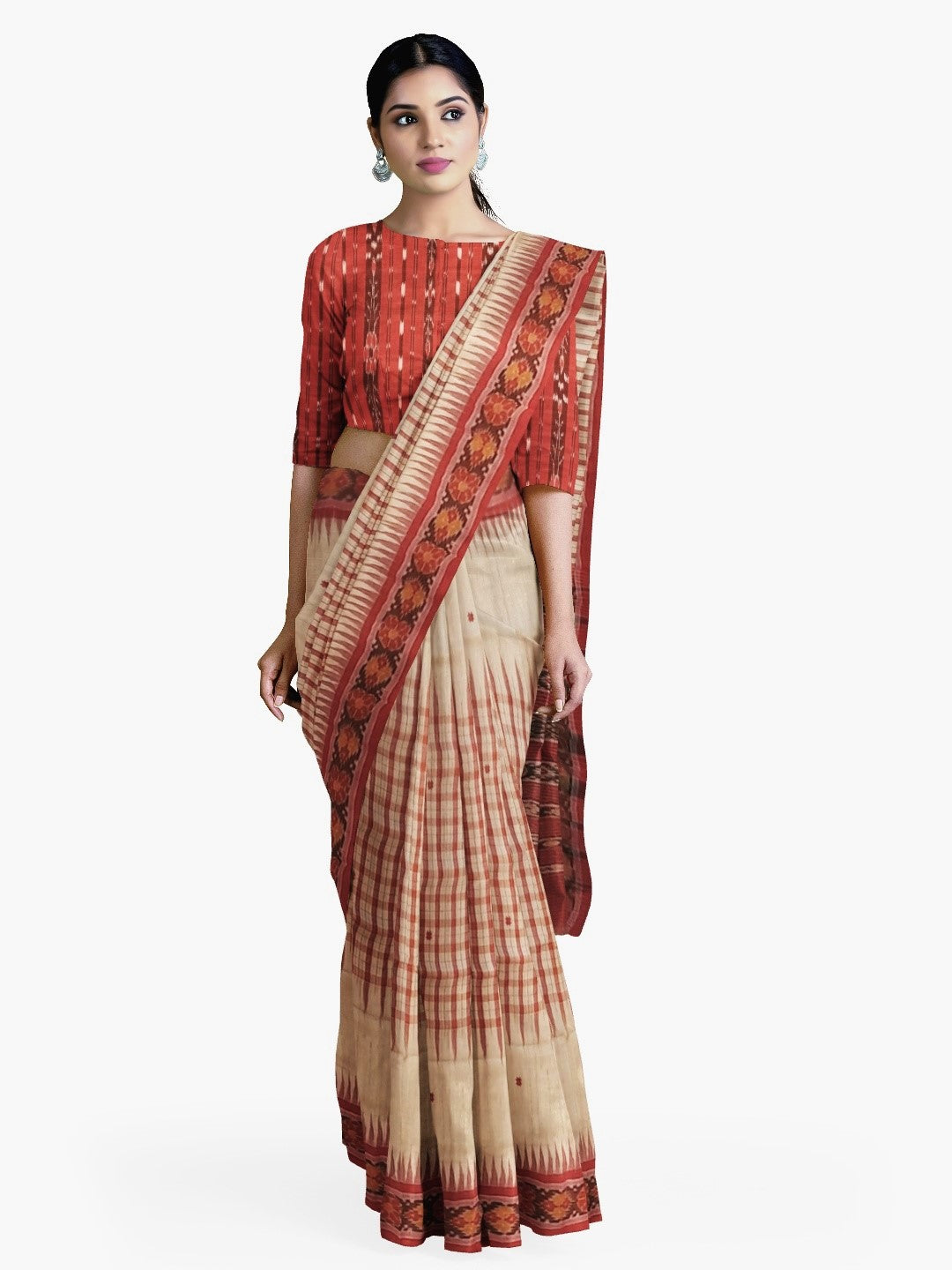 Beige Tussar Silk Odisha Ikat Saree with cotton ikat blouse piece