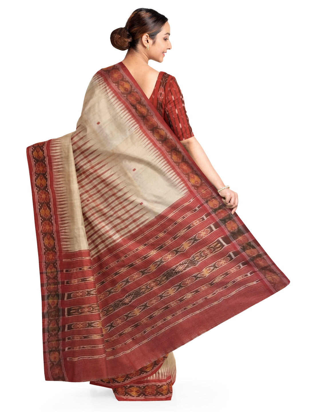 Beige Tussar Silk Odisha Ikat Saree with cotton ikat blouse piece