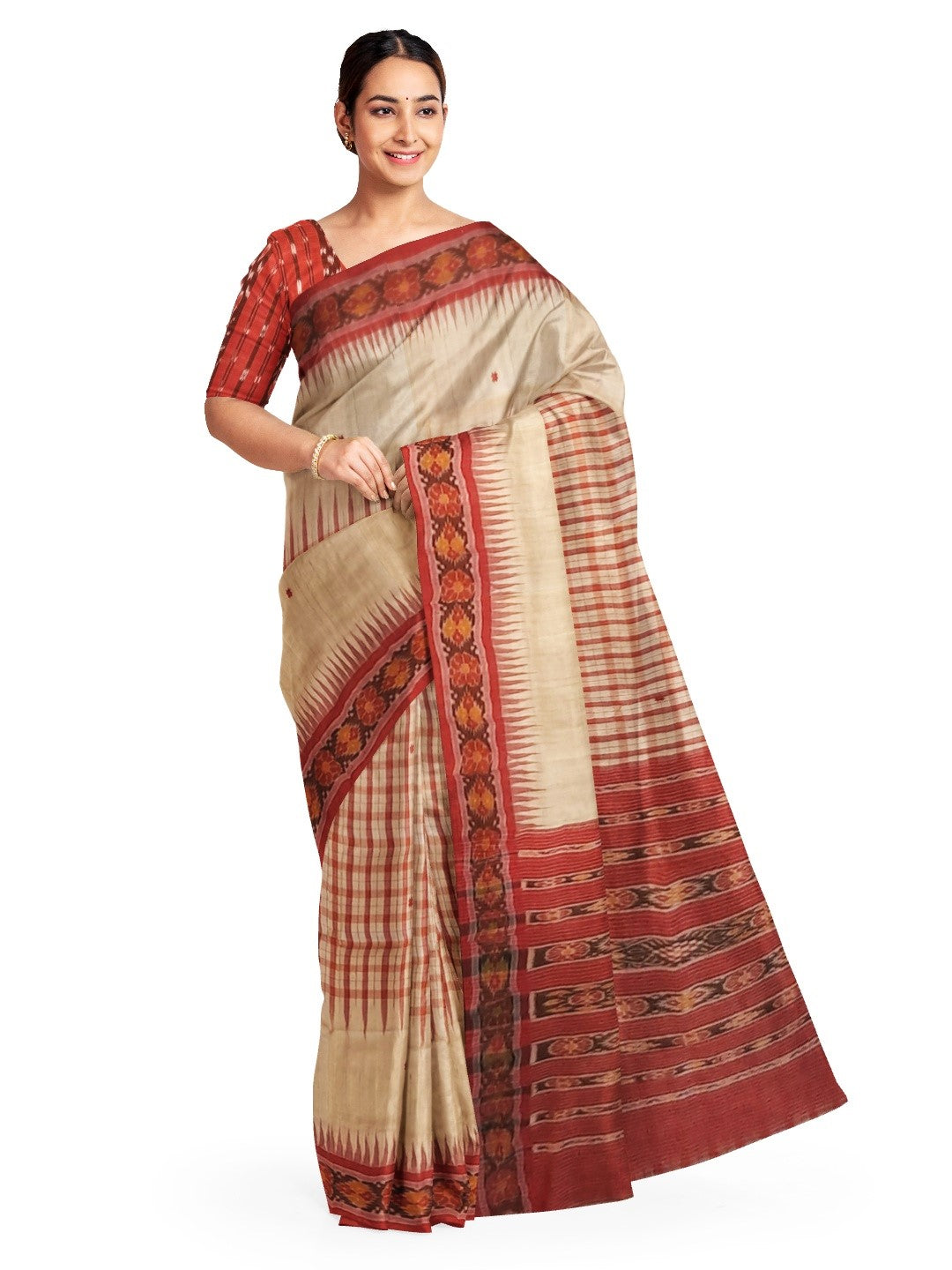 Beige Tussar Silk Odisha Ikat Saree with cotton ikat blouse piece