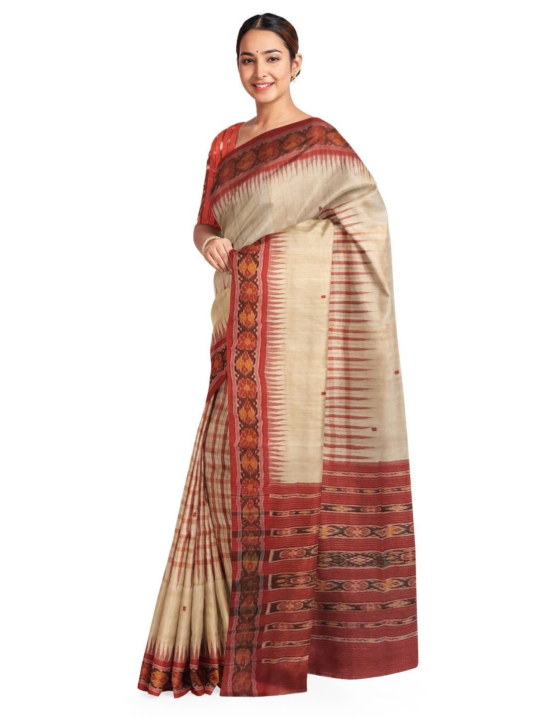 Beige Tussar Silk Odisha Ikat Saree with cotton ikat blouse piece