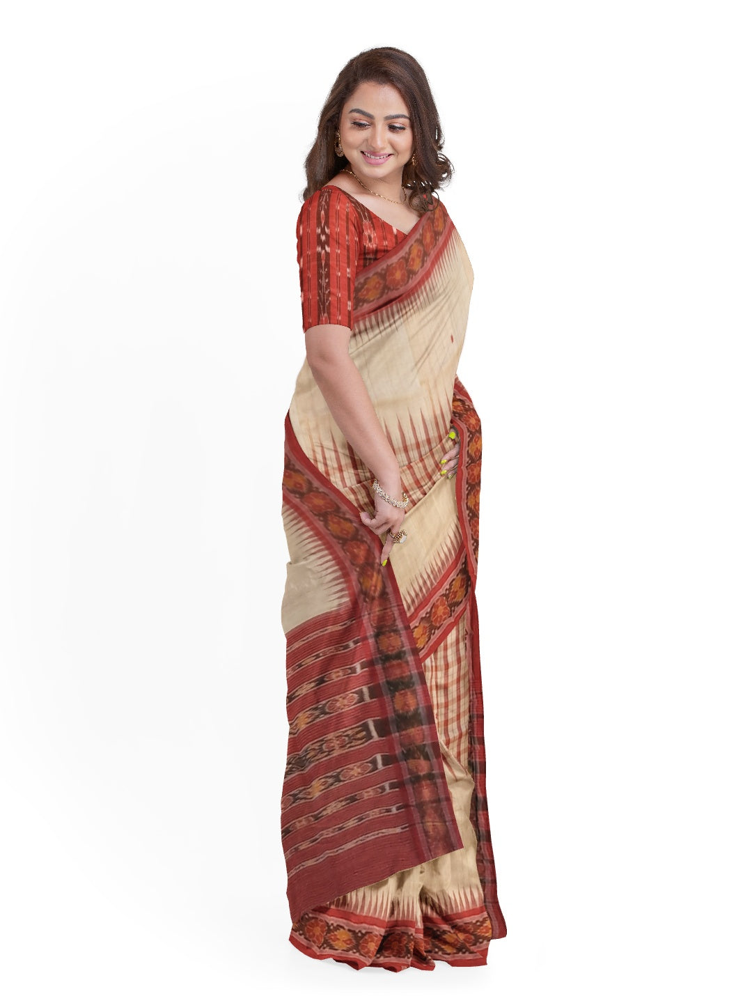 Beige Tussar Silk Odisha Ikat Saree with cotton ikat blouse piece