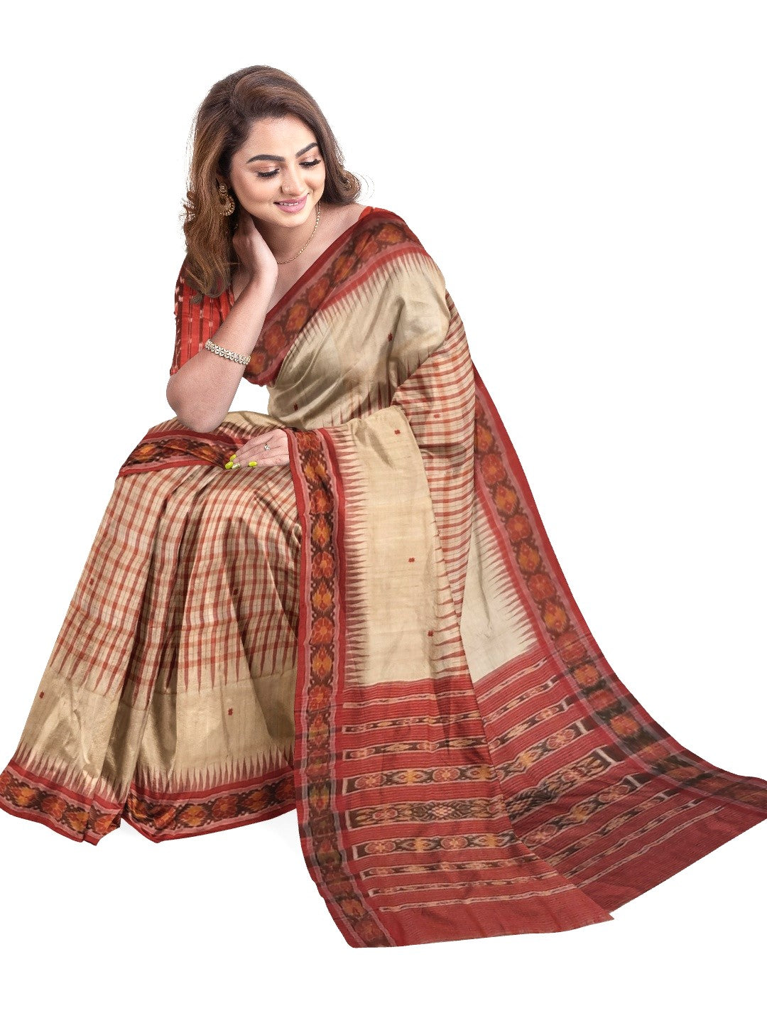 Beige Tussar Silk Odisha Ikat Saree with cotton ikat blouse piece