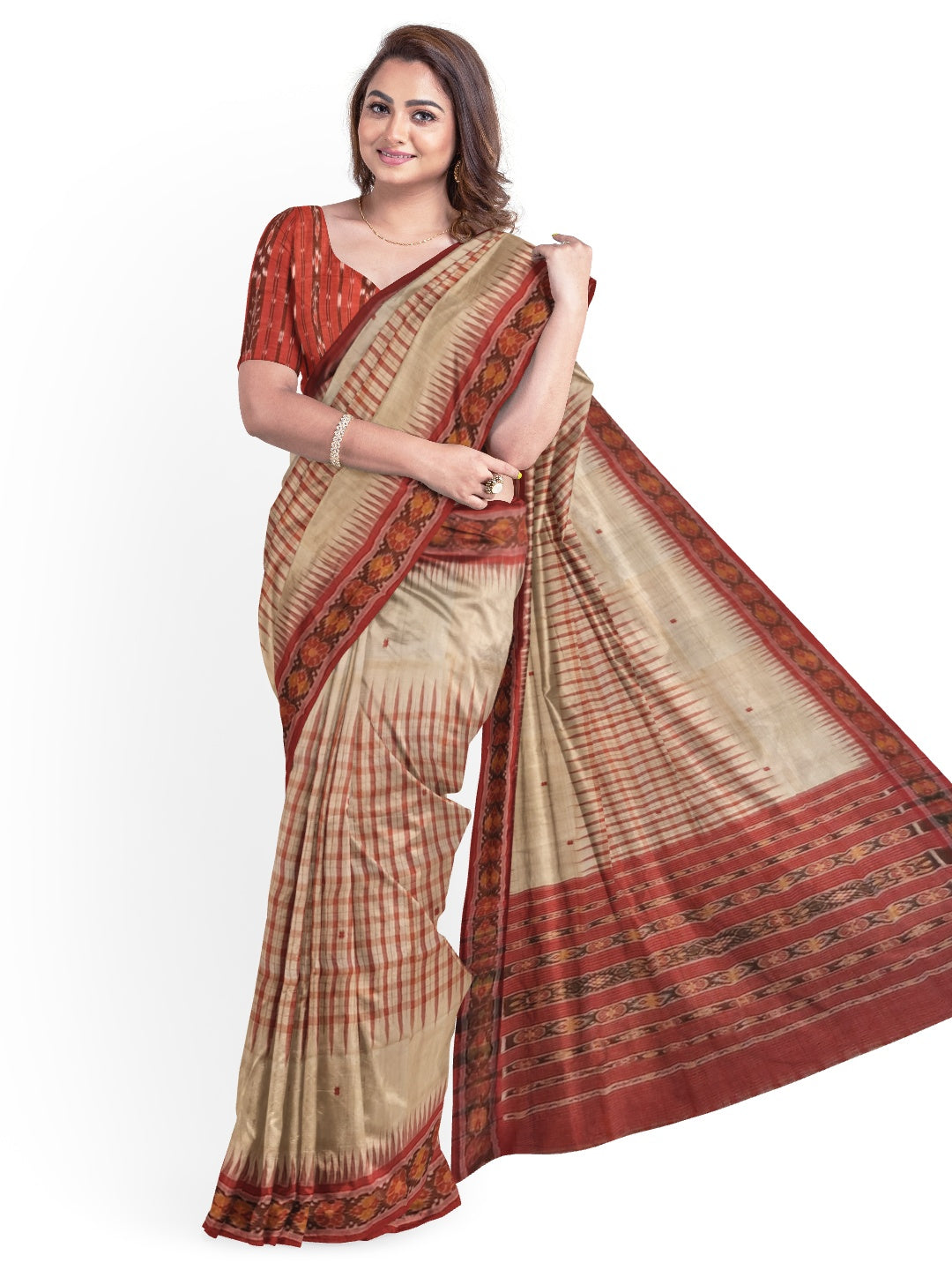 Beige Tussar Silk Odisha Ikat Saree with cotton ikat blouse piece