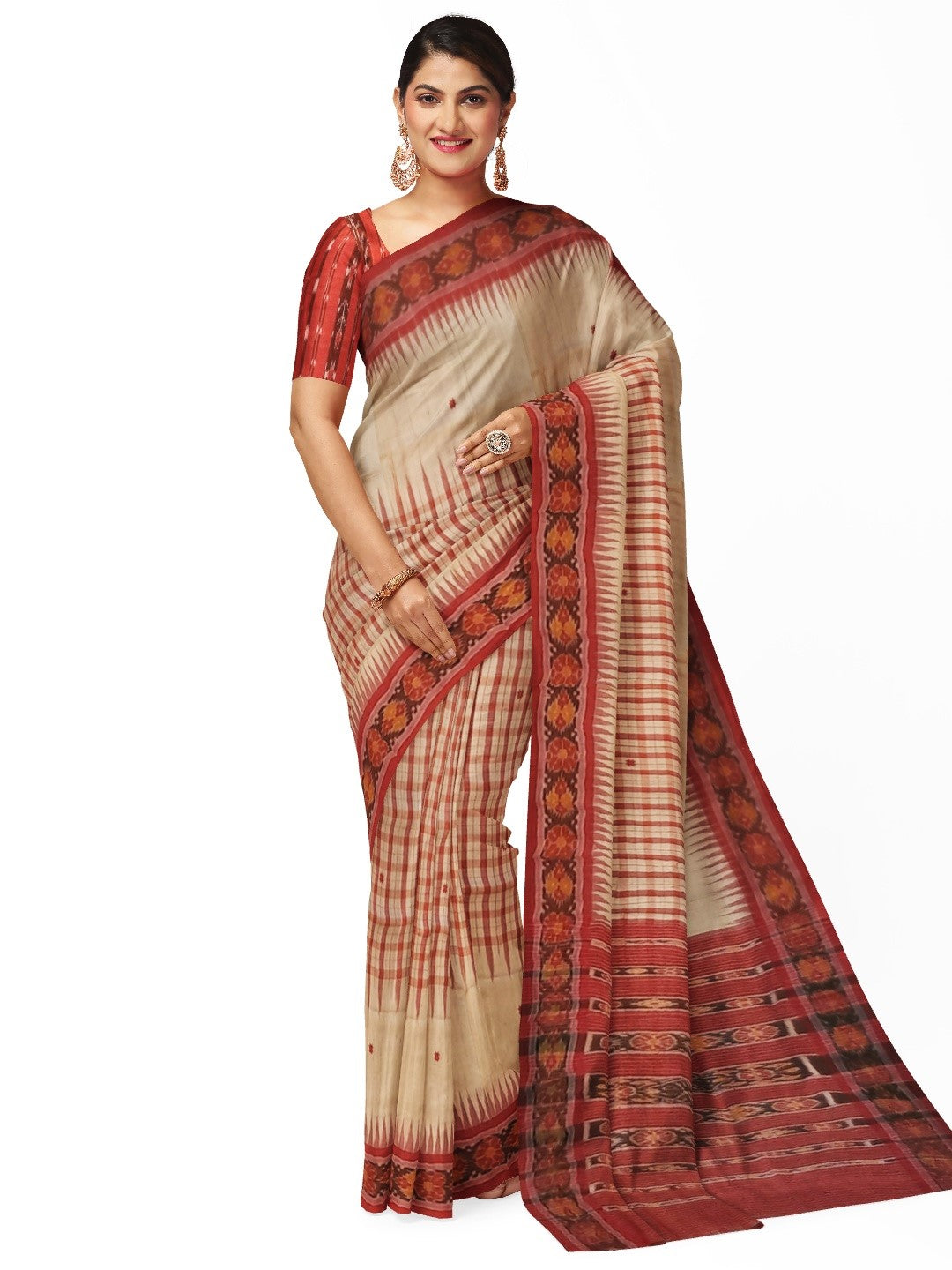 Beige Tussar Silk Odisha Ikat Saree with cotton ikat blouse piece