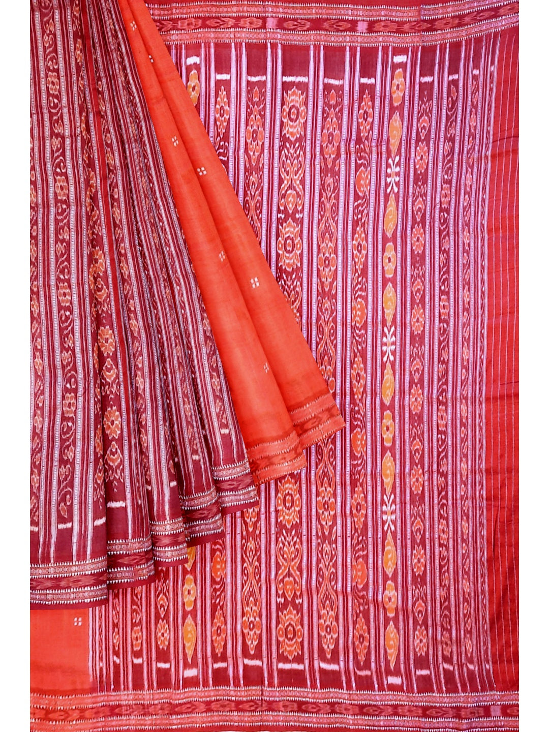 Pink with Red Tussar Silk Patli pleats Odisha Ikat Saree with cotton ikat blouse piece