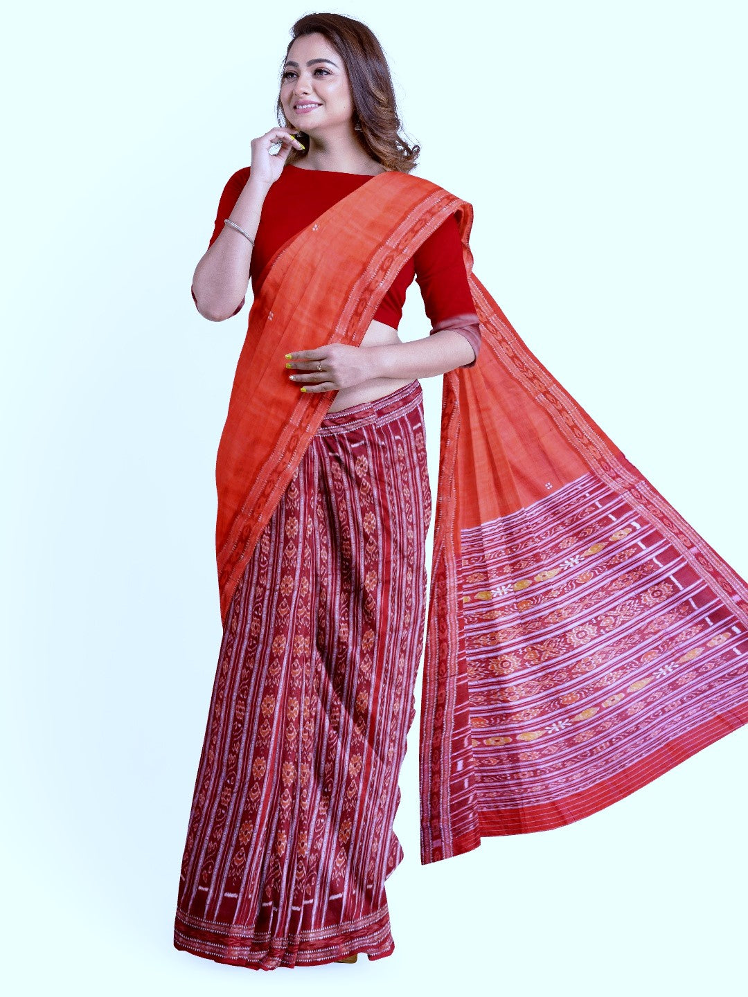 Pink with Red Tussar Silk Patli pleats Odisha Ikat Saree with cotton ikat blouse piece