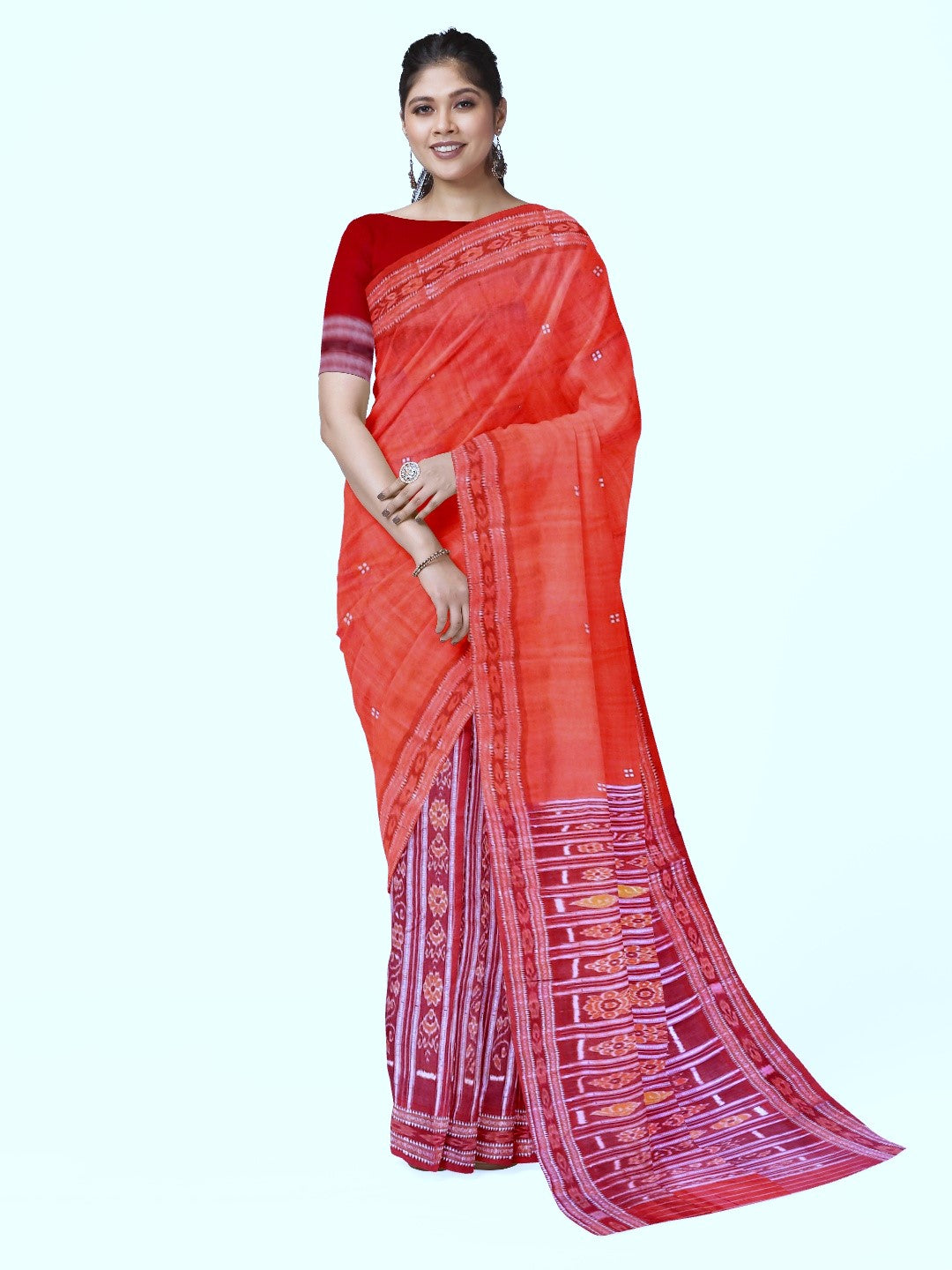 Pink with Red Tussar Silk Patli pleats Odisha Ikat Saree with cotton ikat blouse piece