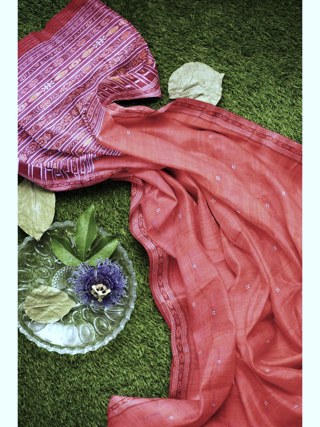 Pink with Red Tussar Silk Patli pleats Odisha Ikat Saree with cotton ikat blouse piece