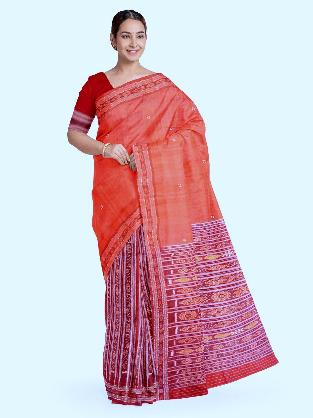 Pink with Red Tussar Silk Patli pleats Odisha Ikat Saree with cotton ikat blouse piece