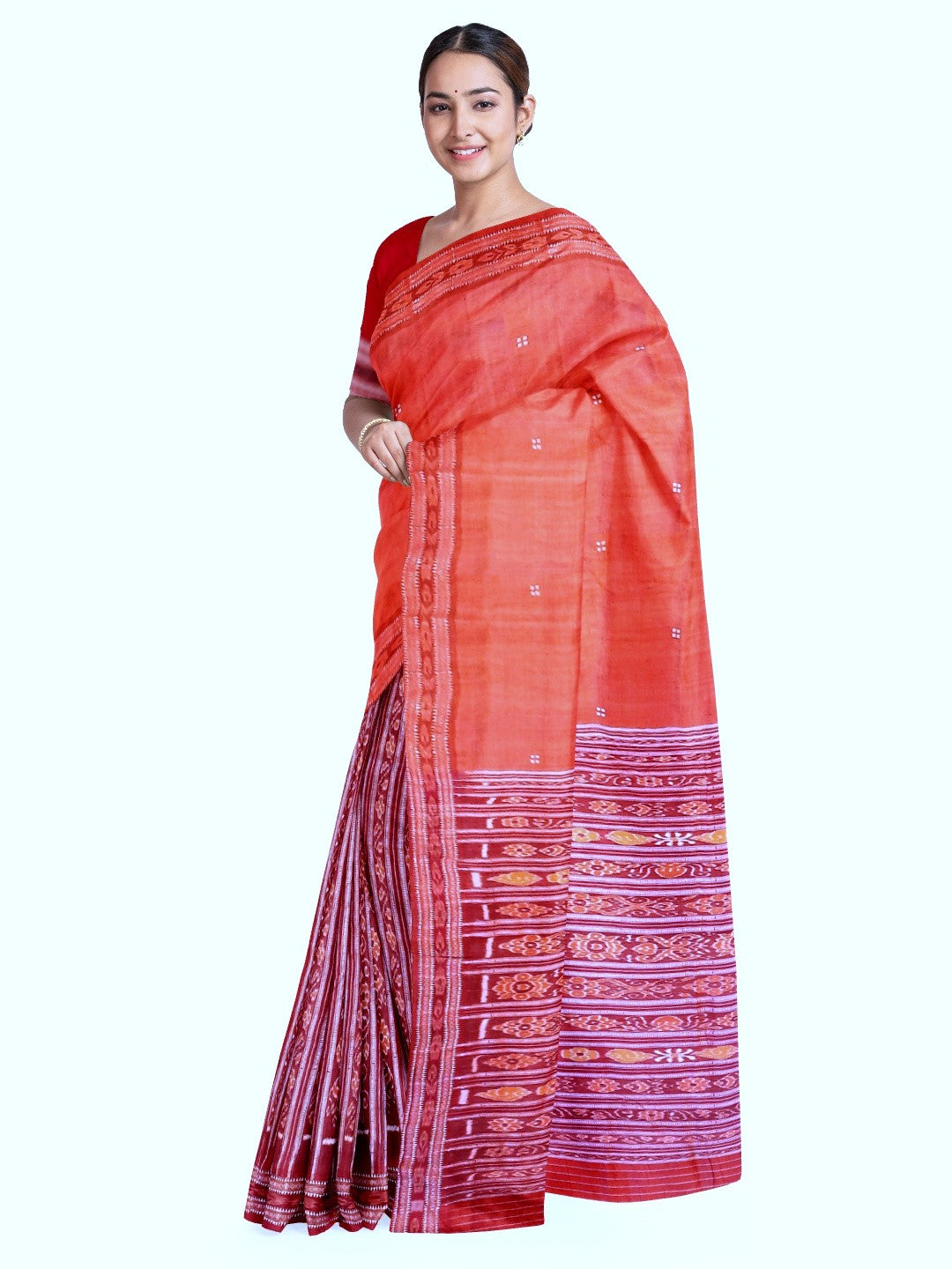 Pink with Red Tussar Silk Patli pleats Odisha Ikat Saree with cotton ikat blouse piece