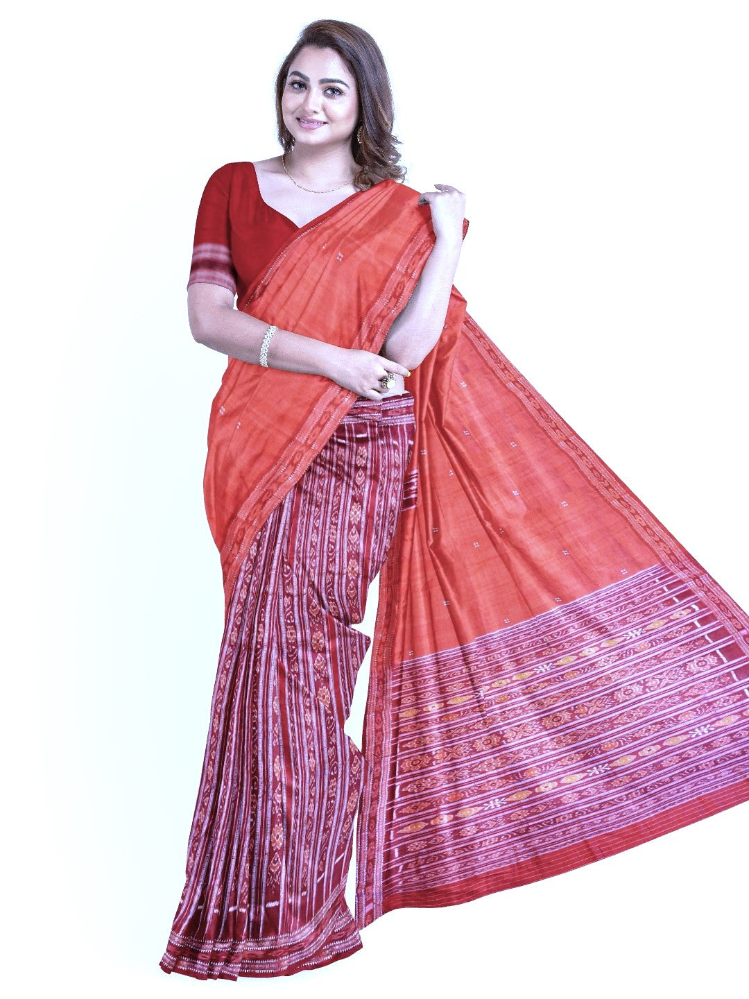 Pink with Red Tussar Silk Patli pleats Odisha Ikat Saree with cotton ikat blouse piece