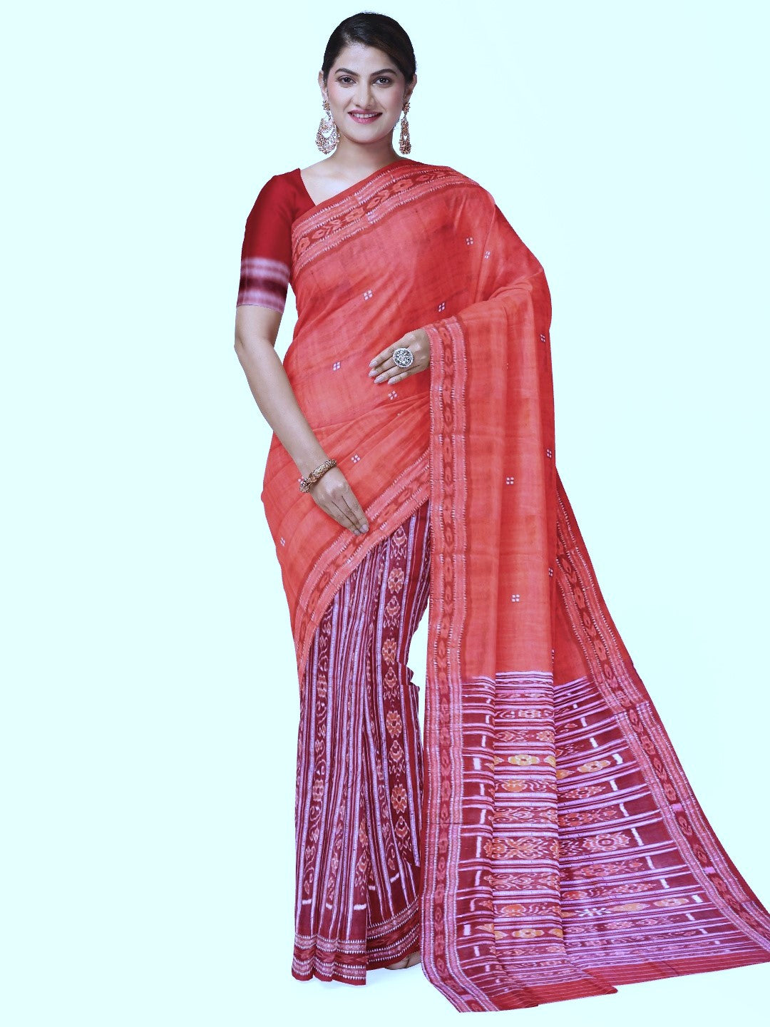 Pink with Red Tussar Silk Patli pleats Odisha Ikat Saree with cotton ikat blouse piece