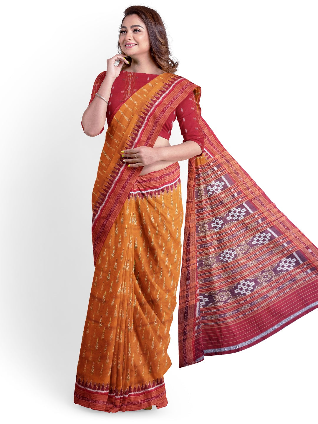 Golden with Red Odisha Khandua Pata Silk Saree paired with cotton ikat blouse piece