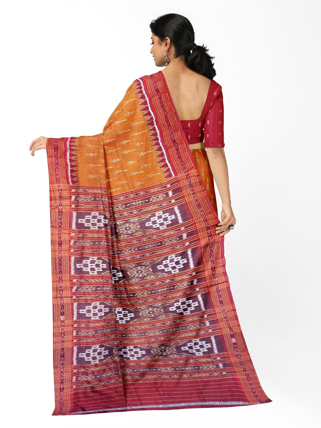Golden with Red Odisha Khandua Pata Silk Saree paired with cotton ikat blouse piece