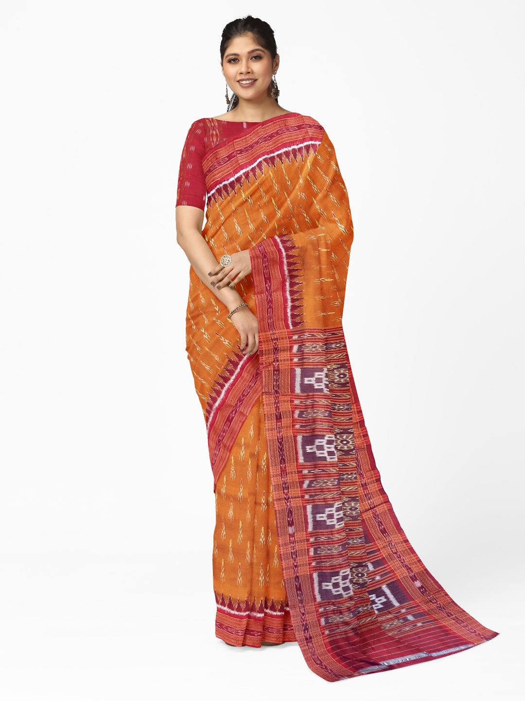 Golden with Red Odisha Khandua Pata Silk Saree paired with cotton ikat blouse piece