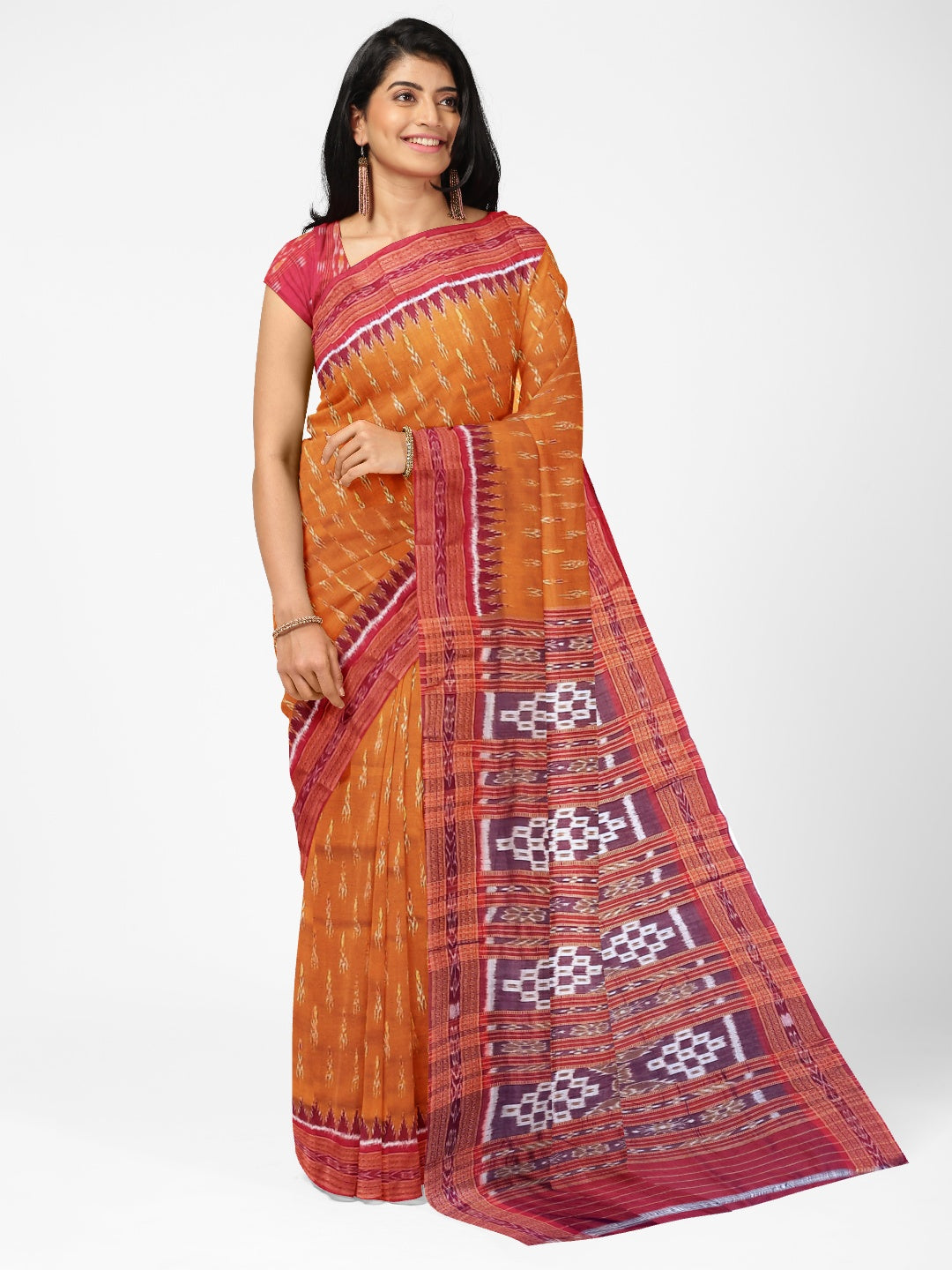 Golden with Red Odisha Khandua Pata Silk Saree paired with cotton ikat blouse piece