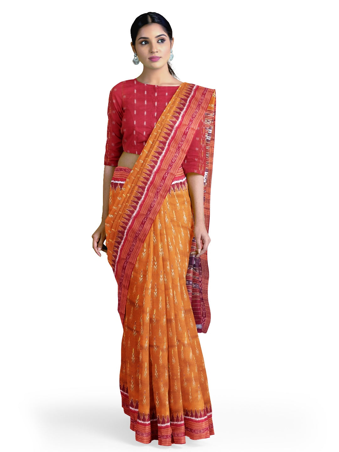Golden with Red Odisha Khandua Pata Silk Saree paired with cotton ikat blouse piece
